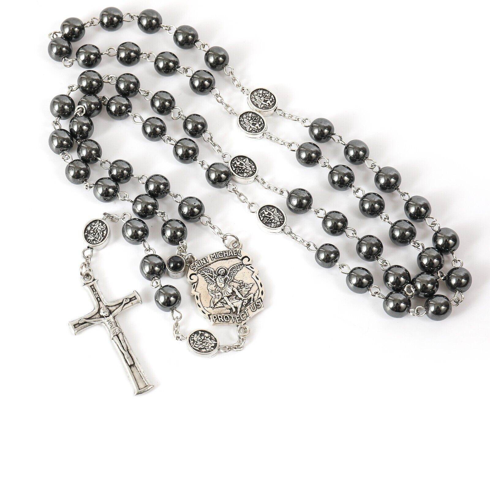 St. Michael Hematite Stone Beads Rosary Lords Prayer Saint Medal & Crucifix - Nazareth Store