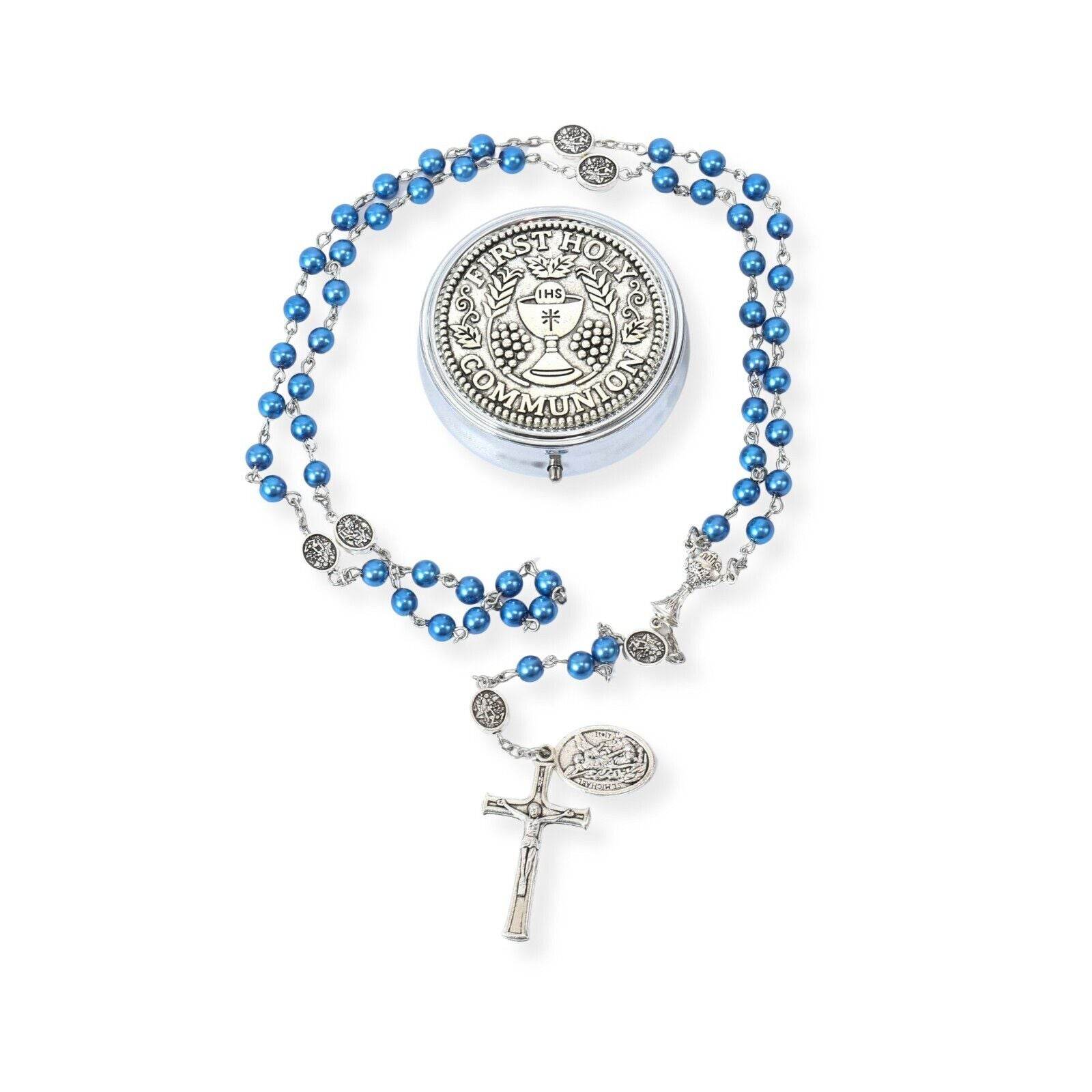 8mm Blue Pearl Communion Beads Rosary with St. Michael Medal - Nazareth Store