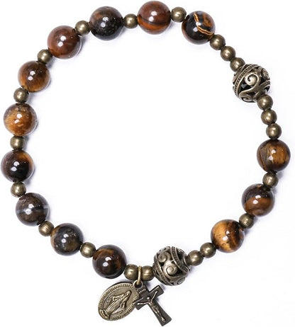 Brown Tiger Eye Rosary Bracelet Metal Separators with Miraculous Medal & Cross Wrist Jewelry