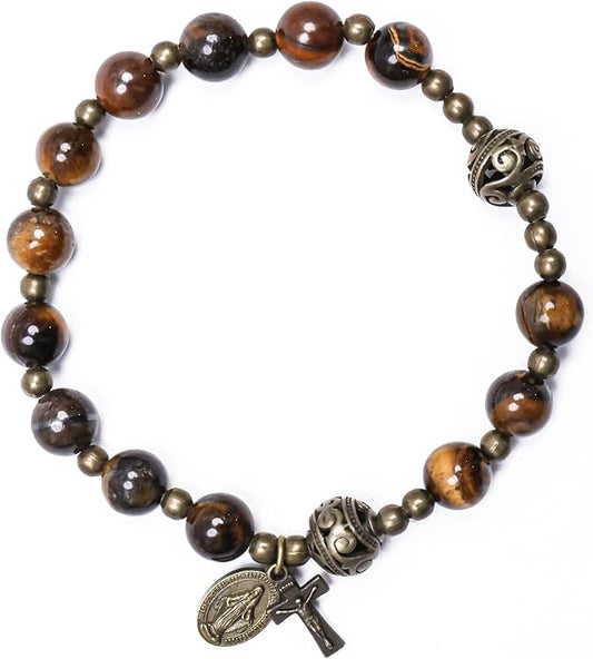 Brown Tiger Eye Rosary Bracelet Metal Separators with Miraculous Medal & Cross Wrist Jewelry