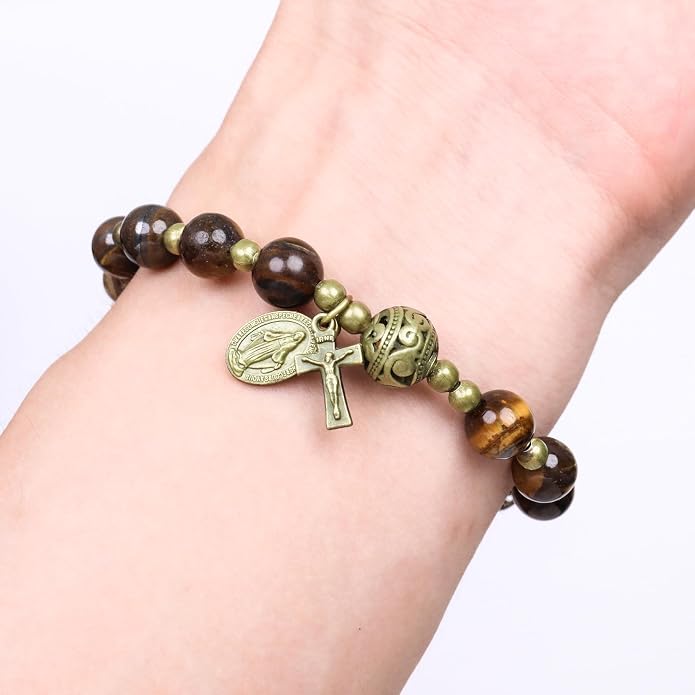 Brown Tiger Eye Rosary Bracelet Metal Separators with Miraculous Medal & Cross Wrist Jewelry