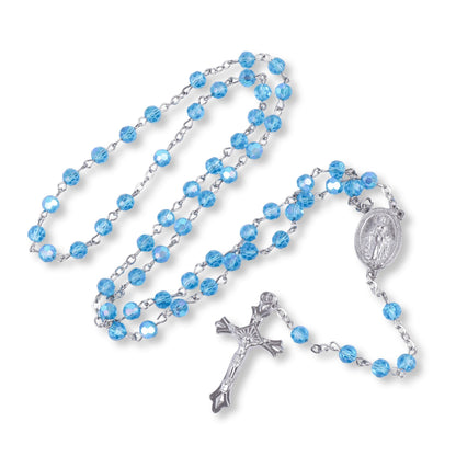 Light Blue Aquamarine Rosary Necklace with Miraculous Medal & Jesus Cross