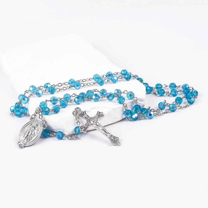 Light Blue Aquamarine Rosary Necklace with Miraculous Medal & Jesus Cross