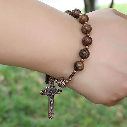 St. Benedict Wood Beads One Decade Car Mirror Beads Rosary with Cross - Nazareth Store