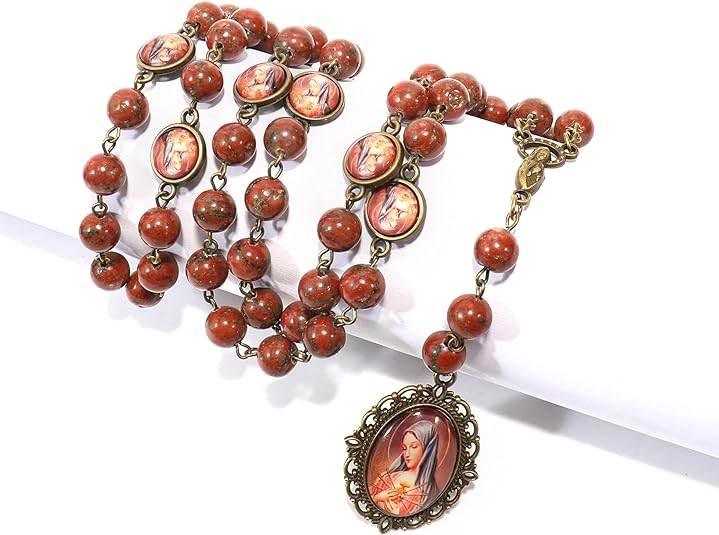 Red Coral Our Lady Sorrows Stone Beads Rosary Chaplet Necklace with Epoxy 7 Medallion - Nazareth Store