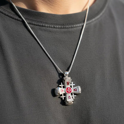 Red Enamel Jerusalem Cross Necklace Stainless Steel Silver Plated Pendant