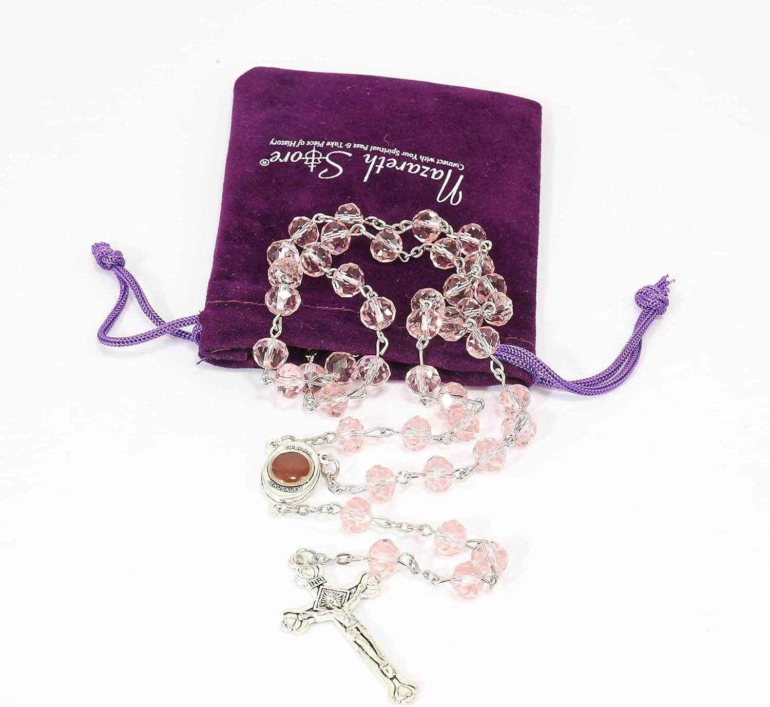 Pink Crystal Beads Rosary Necklace Holy Soil Medal & Silver Jesus Cross Crucifix