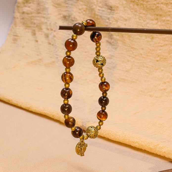Brown Tiger Eye Rosary Bracelet Metal Separators with Miraculous Medal & Cross Wrist Jewelry