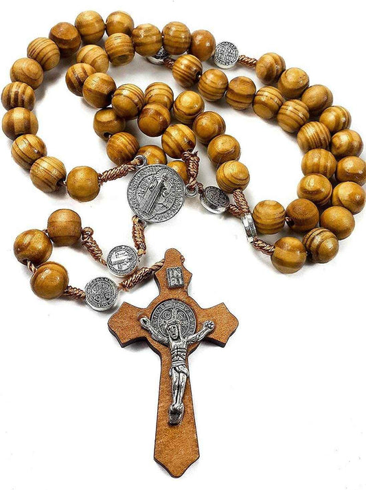 Saint Benedict Olive Wood Rosary Necklace