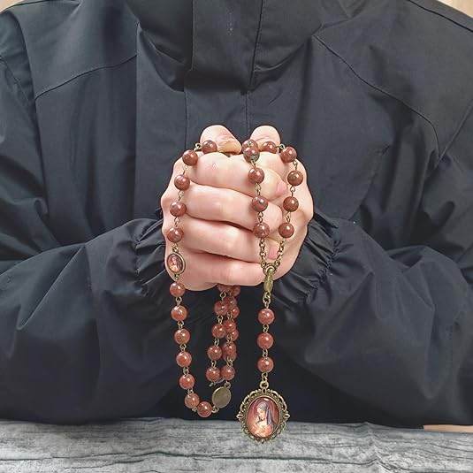 Red Coral Our Lady Sorrows Stone Beads Rosary Chaplet Necklace with Epoxy 7 Medallion - Nazareth Store