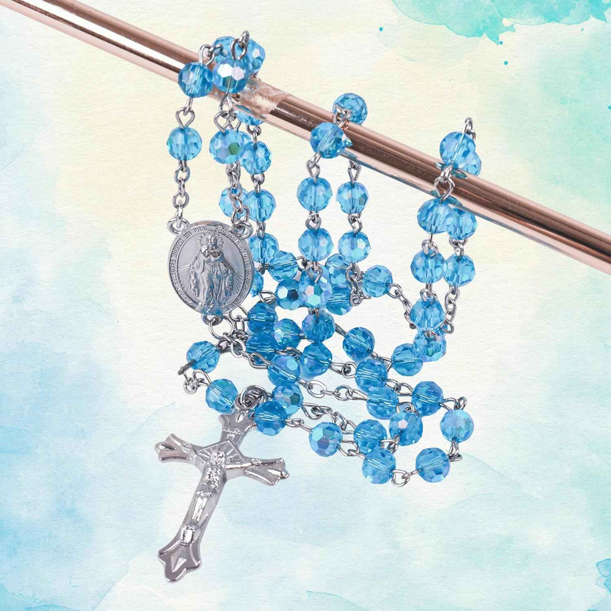 Light Blue Aquamarine Rosary Necklace with Miraculous Medal & Jesus Cross