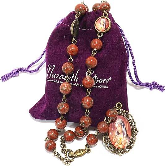 Red Coral Our Lady Sorrows Stone Beads Rosary Chaplet Necklace with Epoxy 7 Medallion - Nazareth Store
