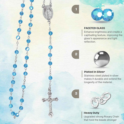 Light Blue Aquamarine Rosary Necklace with Miraculous Medal & Jesus Cross