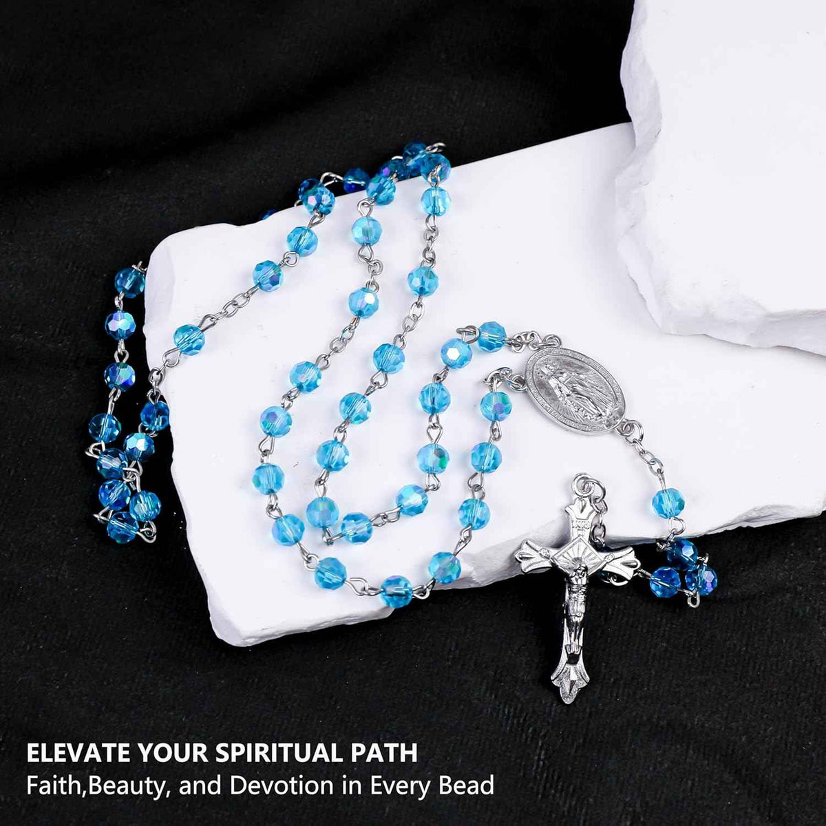 Light Blue Aquamarine Rosary Necklace with Miraculous Medal & Jesus Cross