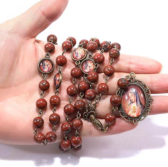 Red Coral Our Lady Sorrows Stone Beads Rosary Chaplet Necklace with Epoxy 7 Medallion - Nazareth Store