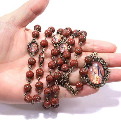 Red Coral Our Lady Sorrows Stone Beads Rosary Chaplet Necklace with Epoxy 7 Medallion - Nazareth Store