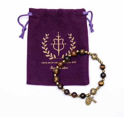 Brown Tiger Eye Rosary Bracelet Metal Separators with Miraculous Medal & Cross Wrist Jewelry