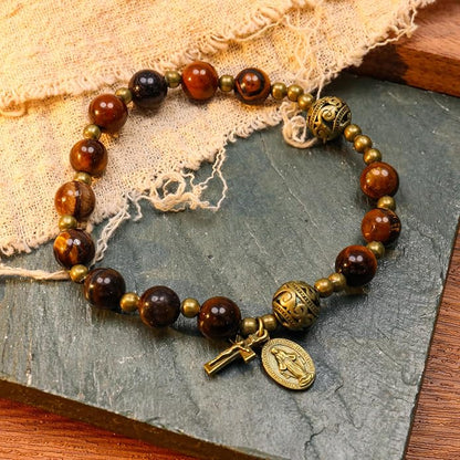 Brown Tiger Eye Rosary Bracelet Metal Separators with Miraculous Medal & Cross Wrist Jewelry