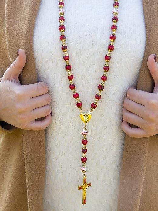 Red Rosary Beads Necklace with Saint Benedict Medal, Flower Mystery Bead, Miraculous Medal Locket - Nazareth Store