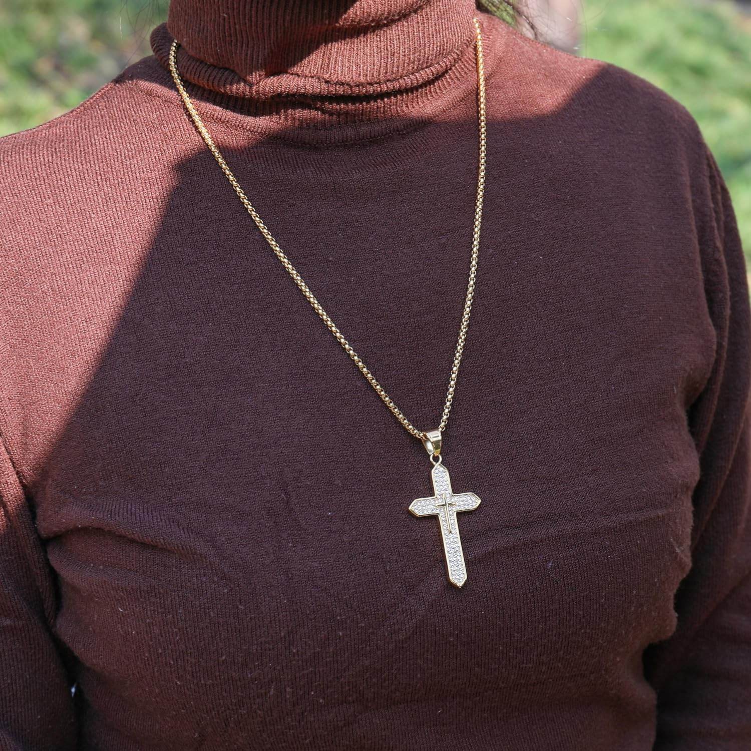 18K Gold Plated Cross Necklace Religious Jewelry Cubic Zirconia Crucifix - Nazareth Store - Retail