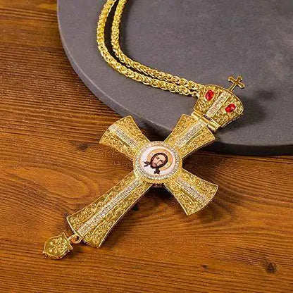 Orthodox Gold Plated Cross Necklace Red Stone Christian Crucifix Pendant
