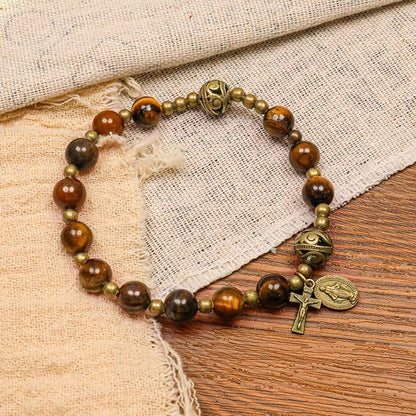 Brown Tiger Eye Rosary Bracelet Metal Separators with Miraculous Medal & Cross Wrist Jewelry