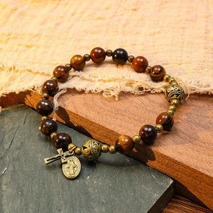 Brown Tiger Eye Rosary Bracelet Metal Separators with Miraculous Medal & Cross Wrist Jewelry