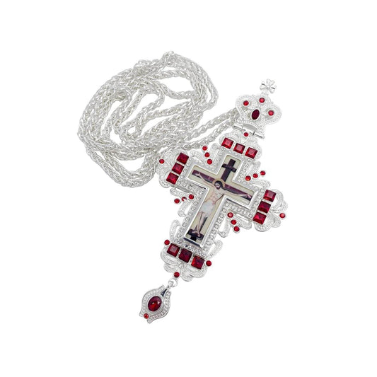Silver Crystallized Red Zircons Clergy Crucifix Pendant Christian Priest Bishop - Nazareth Store