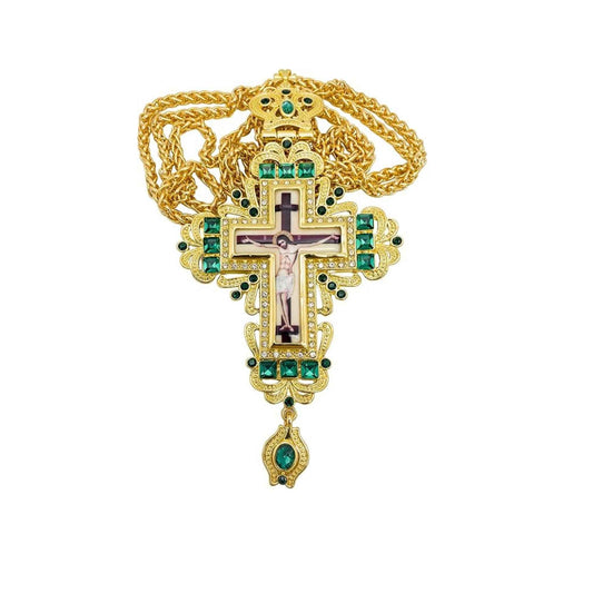 Pectoral Cross Green Zircons Crystallized Christian Priest Bishop Clergy Crucifix Pendant Necklace 21"