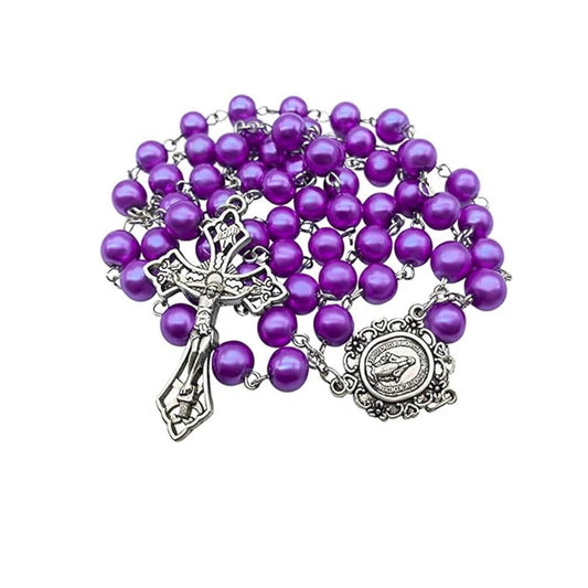 Purple Pearl Beads Rosary Necklace Miraculous Medal & Cross Crucifix - Nazareth Store