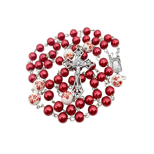 Red Pearl Beads Rosary White Flowers Necklace Lourdes Medal & Cross Crucifix