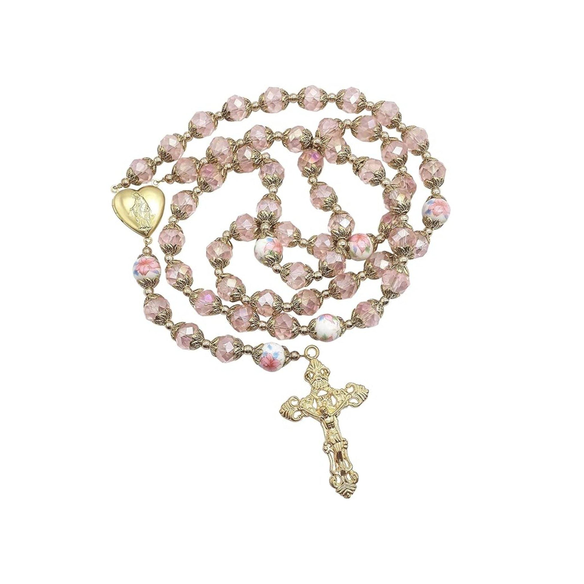 Pink Crystal Rosary Gold Flowers Beads Beaded Chaplet Necklace - Nazareth Store