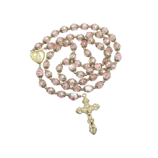 Pink Crystal Rosary Gold Flowers Beads Beaded Chaplet Necklace - Nazareth Store