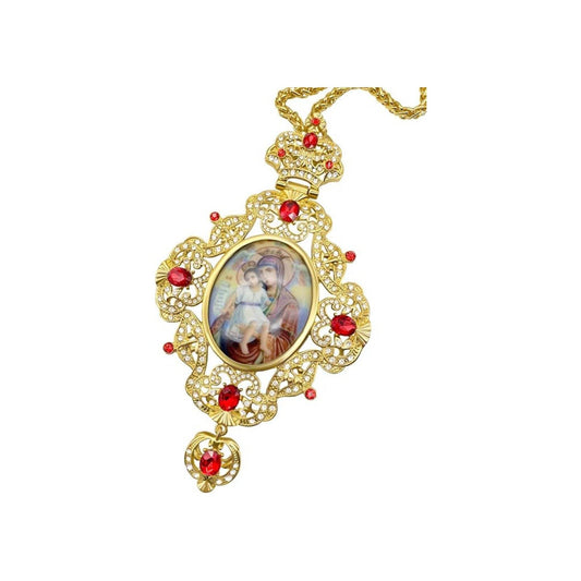 Red Crystals Pectoral Cross Necklace Virgin Mary and Jesus Icon - Nazareth Store