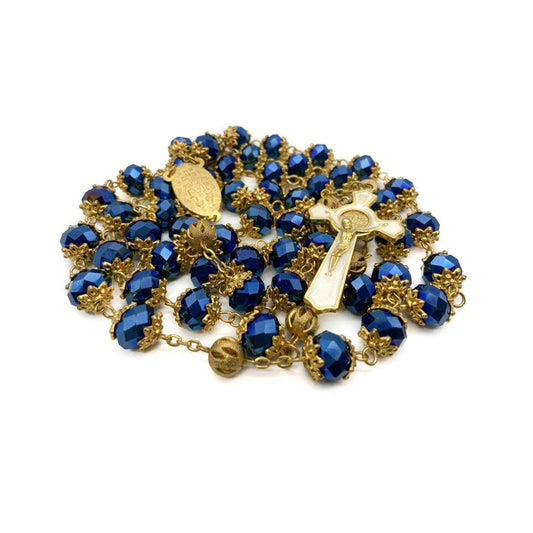 St Benedict Deep Blue Rosary Necklace 10mm Crystals Beaded Chaplet