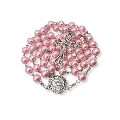 Pink Pearl Rosary Necklace Glass Beads Miraculous Medal & Cross Crucifix - Nazareth Store