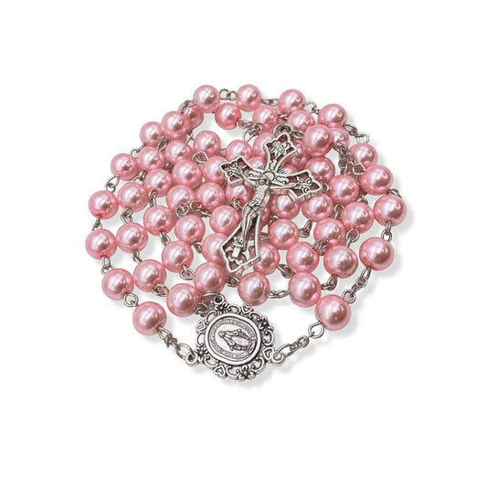Pink Pearl Rosary Necklace Glass Beads Miraculous Medal & Cross Crucifix - Nazareth Store