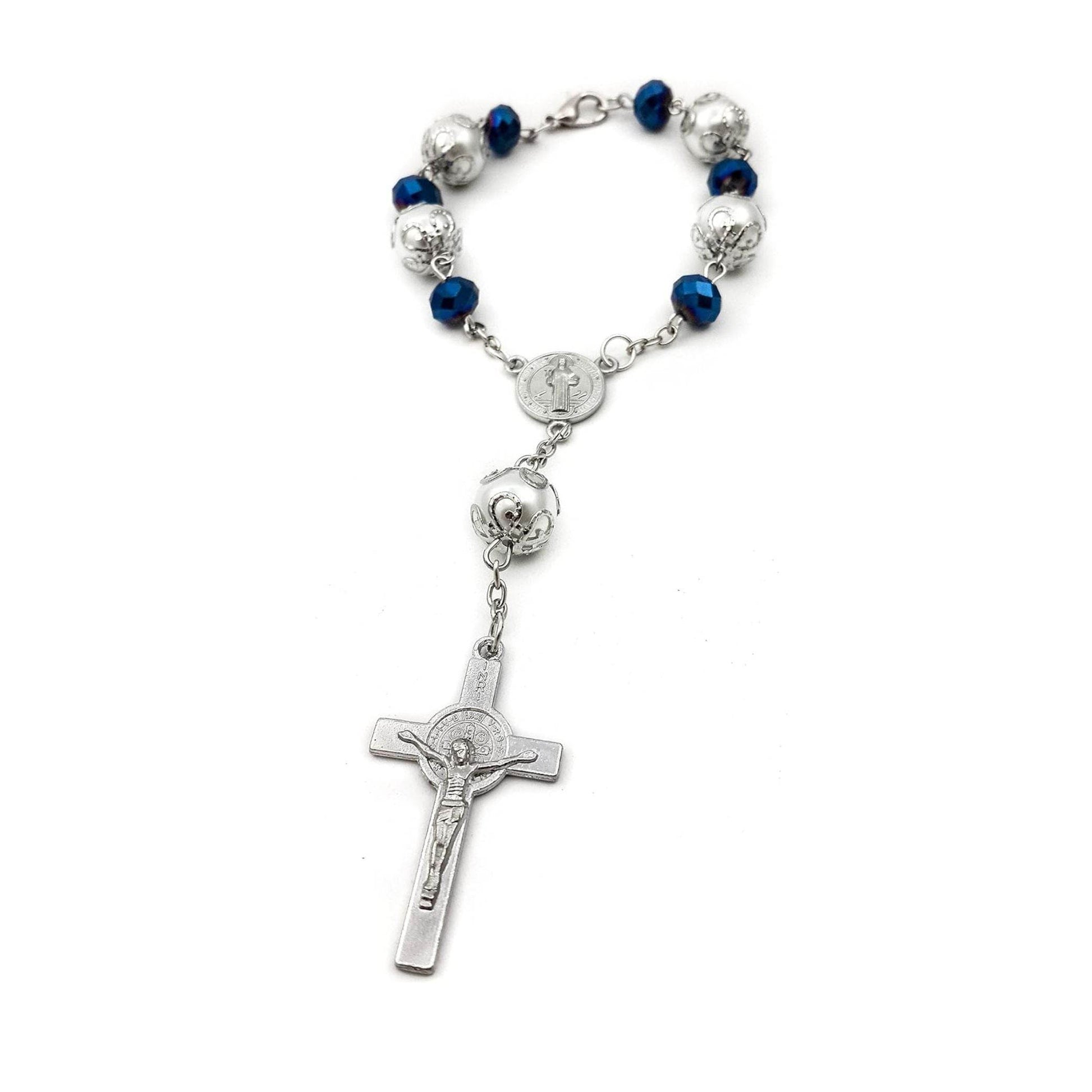 Saint Benedict Car Rosary Deep Blue Beads Chaplet Auro Rear view Jerusalem - Nazareth Store