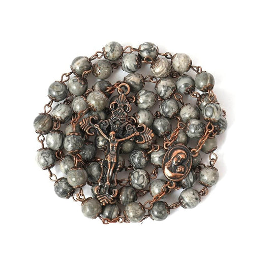 Map Stone Natural Stone Rosary Beads Necklace Holy Soil & Cross Crucifix - Nazareth Store