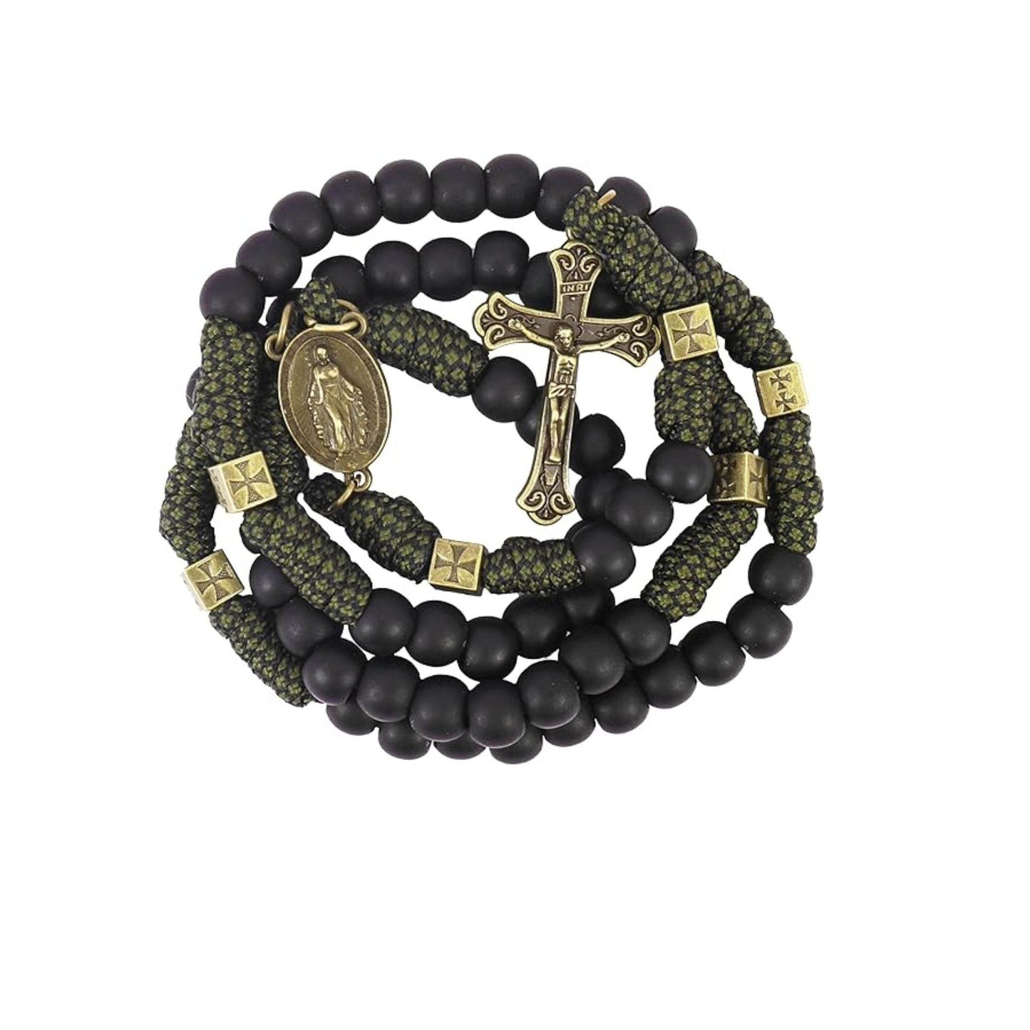 Antique Bronze Black Matte Prayer Beads Paracord Rosary Necklace with and Jesus Cross and Miraculous Medal - Nazareth Store