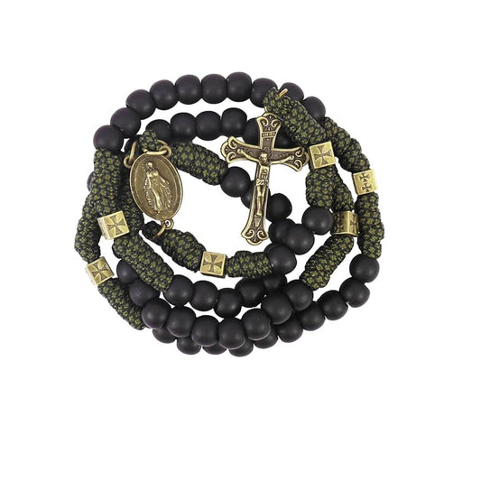 Antique Bronze Black Matte Prayer Beads Paracord Rosary Necklace with and Jesus Cross and Miraculous Medal - Nazareth Store