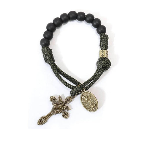 Antique Bronze One Decade Green Paracord Black Matte Beads St. Michael Cross Crucifix - Nazareth Store