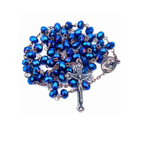 Antique Design Blue Crystal Beads Rosary Prayer Necklace Holy Soil Medal & Jesus Cross Crucifix