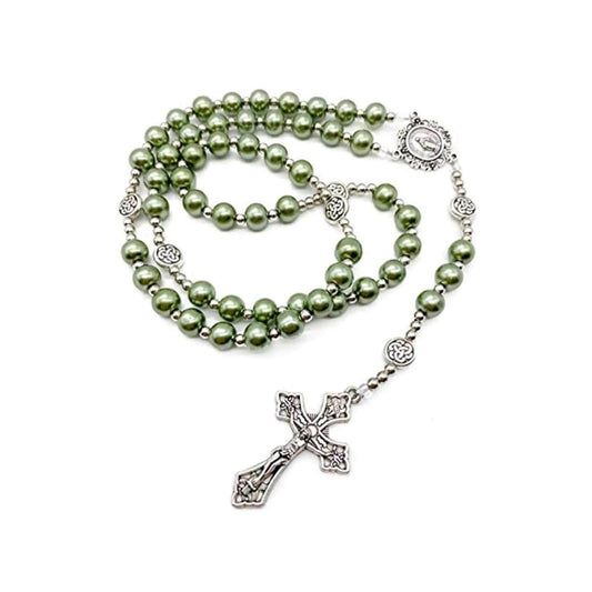 Green Pearl Beads Rosary Catholic Beaded Necklace Miraculous Medal Cross - Nazareth Store