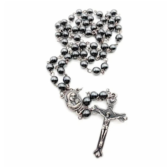Black Hematite Rosary Necklace Natural Stone Beads Chaplet Velvet Bag - Nazareth Store
