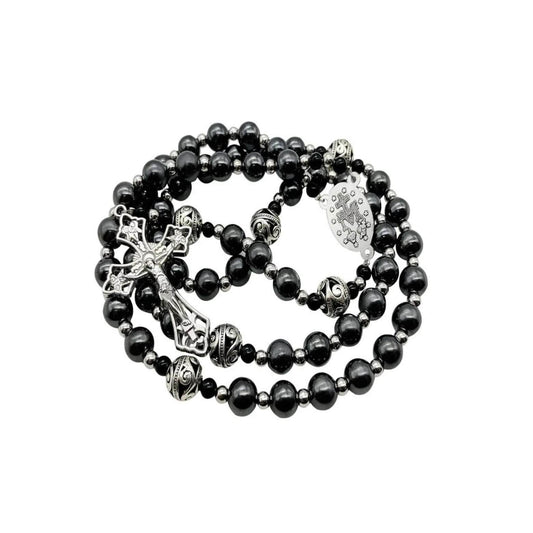 Hematite Rosary Necklace Handmade Chaplet Metal Glory Beads & Miraculous Medal - Nazareth Store