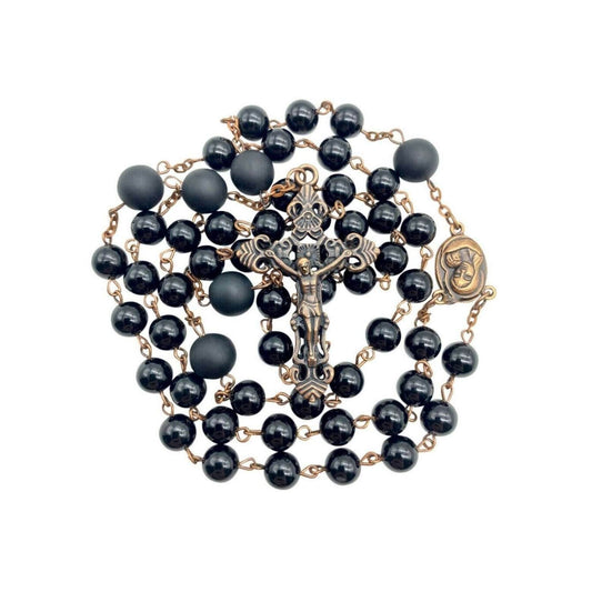 Natural Onyx Stone Beads Rosary Vintage Design Necklace Holy Soil Medal Cross - Nazareth Store
