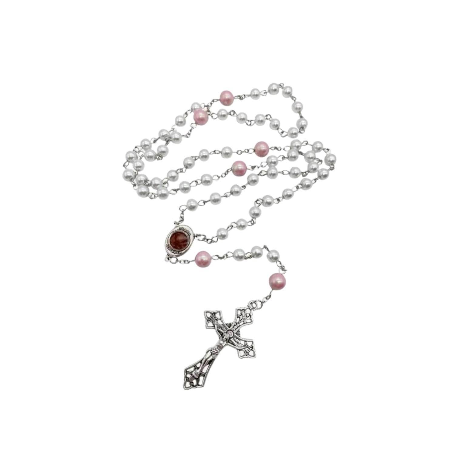 White Pearl Beads Rosary Purple Glory Beads Holy Mary Medal - Nazareth Store