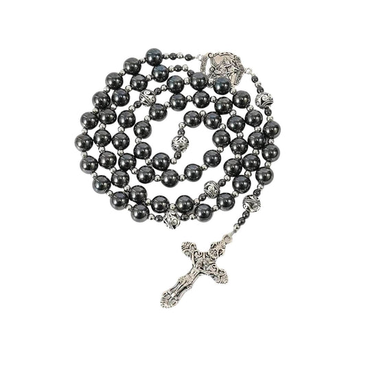 Black Stone Hematite Rosary Necklace Metal Beaded Saint Medal & Cross - Nazareth Store