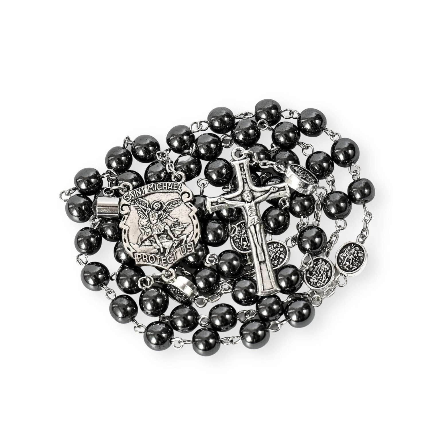 St. Michael Hematite Stone Beads Rosary Lords Prayer Saint Medal & Crucifix - Nazareth Store